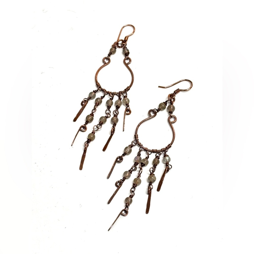 HAND CRAFTED Labradorite Wire Wrapped Copper Chandelier Earrings, Jewelry Gift